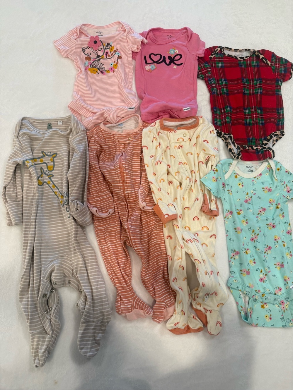 7 Assorted Baby Sleepers and One-Pieces - Pink, Red, Cream, Peach, Aqua & Gray